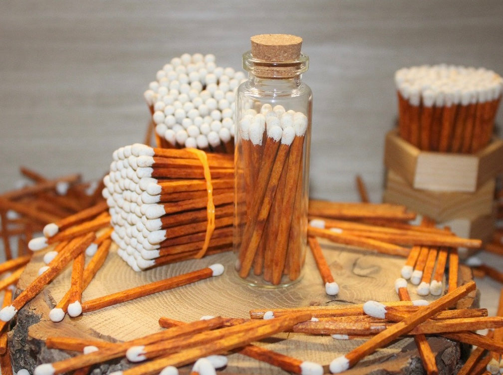 Cinnamon Colored Matches White Tipped brown Stick matches 1.85 Safety  Matches |Glass Bottles Each with Cork Top, Striker & 40 matches