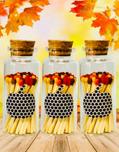 Load image into Gallery viewer, Fall Colored Matches 1.85&quot; 40+ Matches in glass bottle, pumpkin match striker, fall decor, color tipped matches, pumpkin decor, fall gifts

