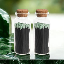 Load image into Gallery viewer, Mint Tip Black Stick Decorative 1.85&quot; Safety Matches In Corked Glass Bottle With Match Striker On Bottom
