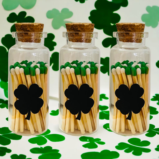 Saint Patrick's Day Colored Tip Matches in glass jar with cork top, shamrock decor, With 4 leaf clover shaped match striker on front of Vial