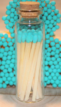 Load image into Gallery viewer, Fluorescent Aqua colored Tipped matches 1.95&quot; Safety Matches |Glass Bottles Each with Cork Top, Striker &amp; 40 matches
