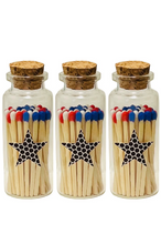 Load image into Gallery viewer, Red, White, &amp; Blue Tipped Matches 1.95&quot; Safety Matches, Glass Bottles Each with Cork Top, Star Striker and 40 matches, Patriotic Matches
