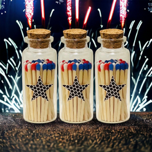 Load image into Gallery viewer, Red, White, &amp; Blue Tipped Matches 1.95&quot; Safety Matches, Glass Bottles Each with Cork Top, Star Striker and 40 matches, Patriotic Matches
