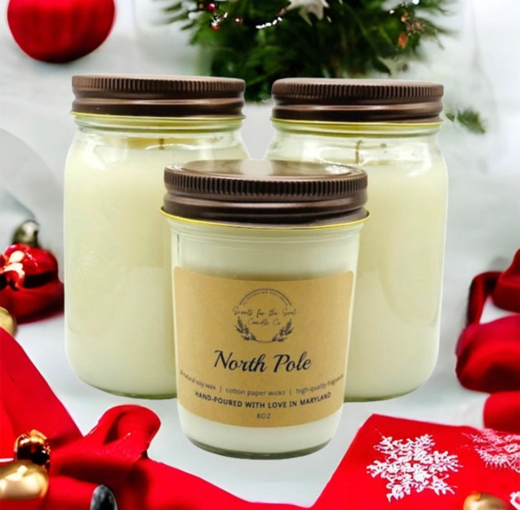 North Pole peppermint and vanilla soy wax candle