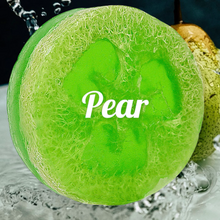 Load image into Gallery viewer, Pear Loofah Soap Bar 5oz- Pear loofah soap, Pear exfoliating loofah soap bar, pear scented soap, vegan soap, pear soap bar

