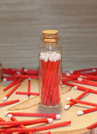 Red stick white colored Tipped matches 1.95” Safety Matches |Glass Bottles Each with Cork Top, Striker and 40+ matches | fancy matches